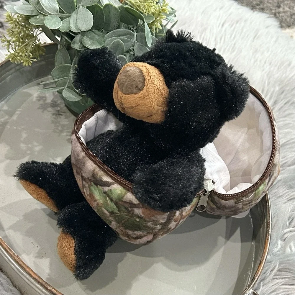 Wishpets Hidden Black Bear Inside Camouflage Zipped Egg Pouch NWT